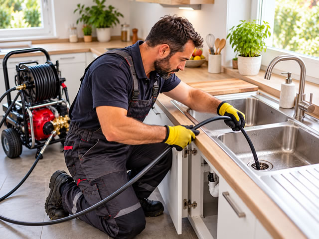 Technicien débouchant un évier avec un flexible haute pression